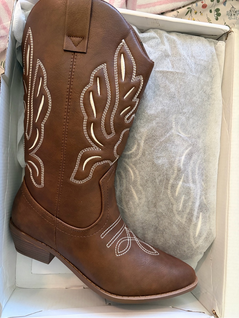 Amazon Women's Brown Western Cowboy Boots with White Stitching